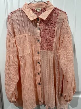 POL peach patchwork crochet button-down blouse
